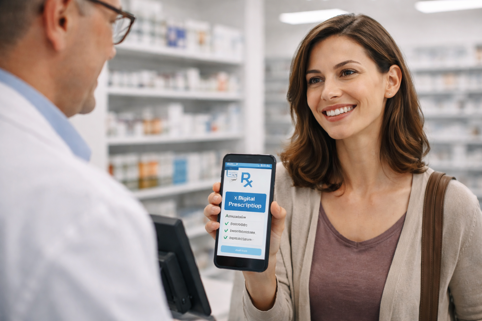 Patient showing a phone-based prescription at a pharmacy