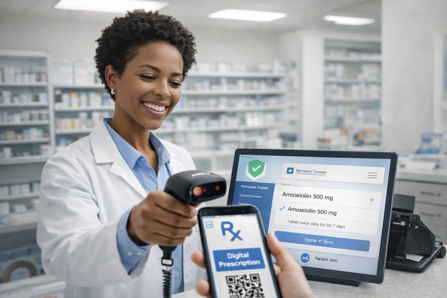 Pharmacist scanning QR / retrieving digital script at the counter